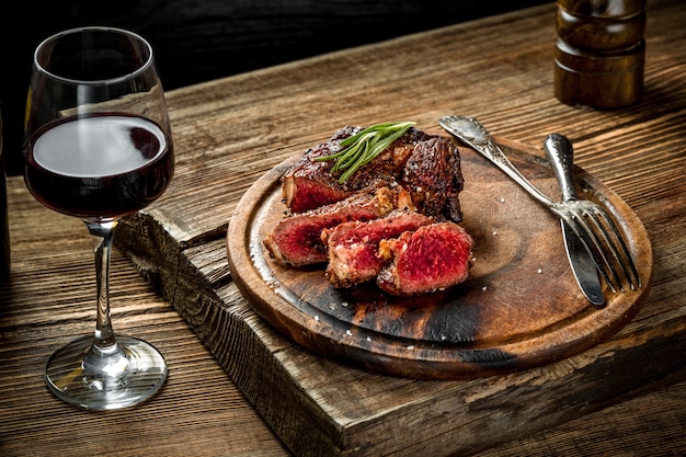 Grilled ribeye beef steak with red wine herbs and spices on wooden table