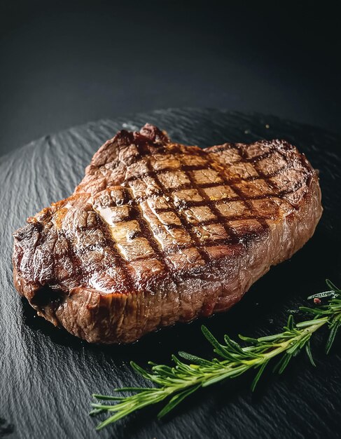 Photo grilled ribeye beef steak with rosemary on a black background