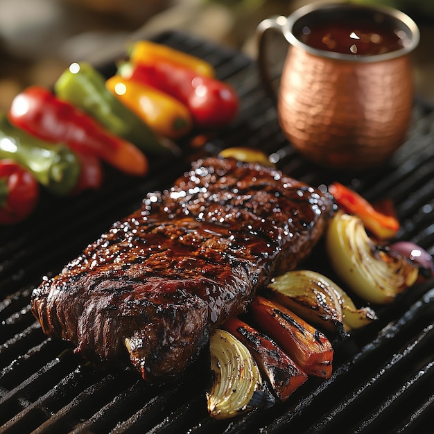 Grilled ribs and meat steak being brushed with barbecue sauce on a barbecue grill