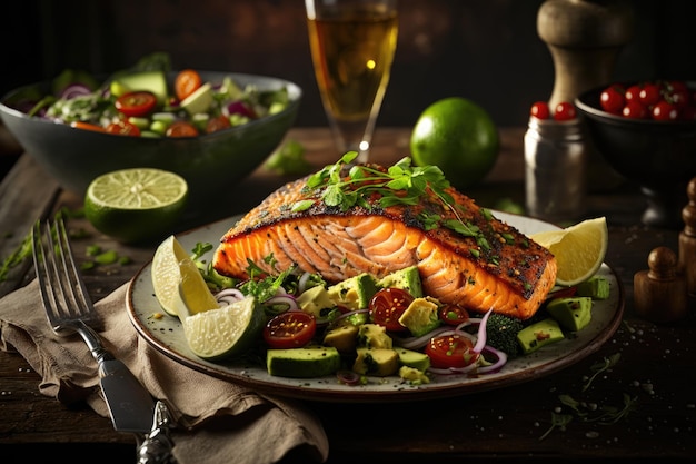 Grilled salmon fillet and fresh green vegetable Illustration AI GenerativexA