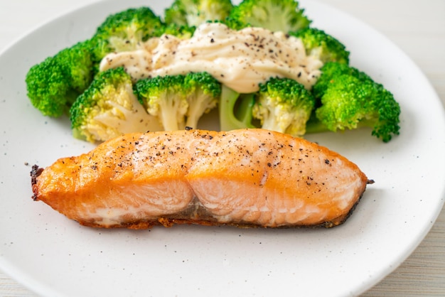 grilled salmon fillet steak with broccoli - healthy food style