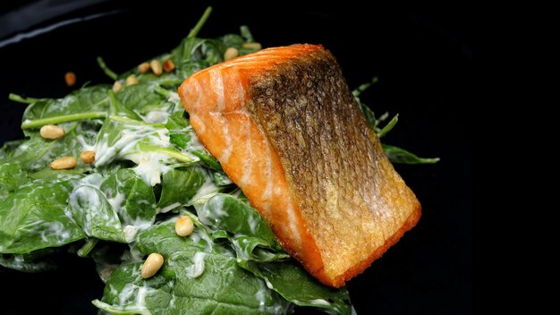 Grilled salmon fillet with herbs on a dark background