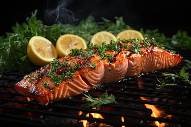 Grilled salmon fillet with lemon on top on a flaming charcoal grill cooking fish on fire Generative AI