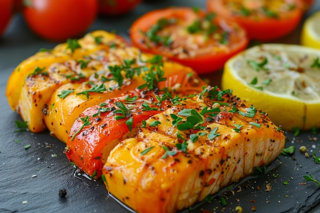 Grilled Salmon Fillets Garnished with Fresh Herbs Lemon and Tomatoes on Slate Healthy Omega 3 Rich