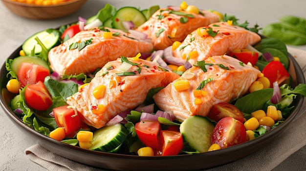 Grilled salmon fillets on a mixed salad with tomatoes cucumber and corn