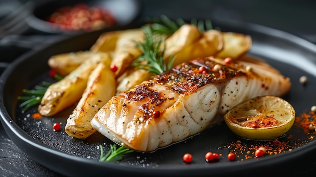 Grilled salmon fillets with salt pepper and herb decoration