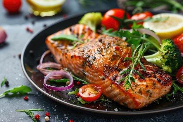 Grilled salmon fish fillet and fresh green leafy vegetable salad with tomatoes red onion and broccoli