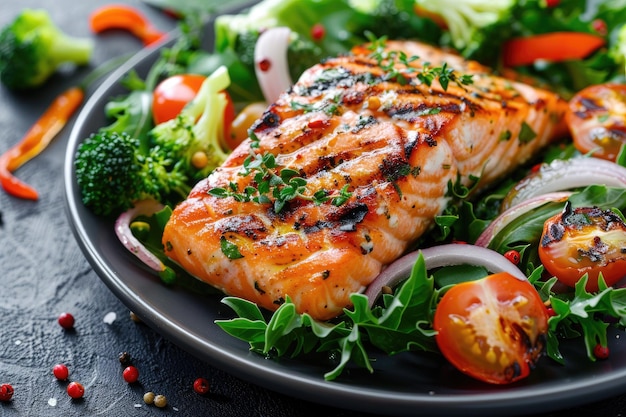 Grilled salmon fish fillet and fresh green leafy vegetable salad with tomatoes red onion and broccoli