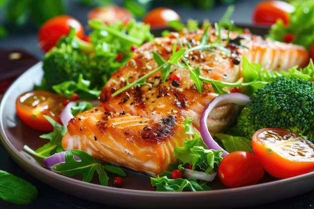 Grilled salmon fish fillet and fresh green leafy vegetable salad with tomatoes red onion and broccoli