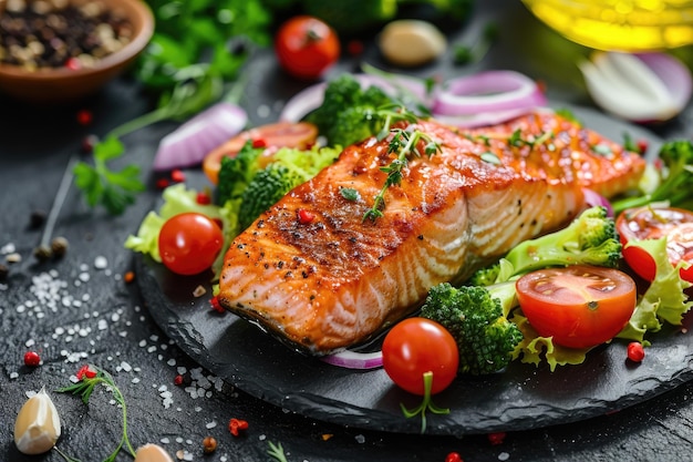 Grilled salmon fish fillet and fresh green leafy vegetable salad with tomatoes red onion and broccoli