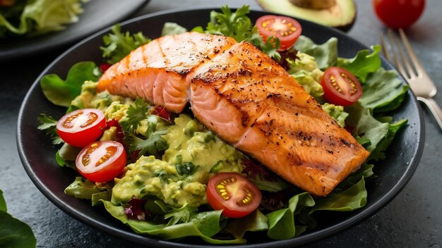 Grilled salmon fish fillet and fresh green lettuce vegetable tomato salad with avocado guacamole