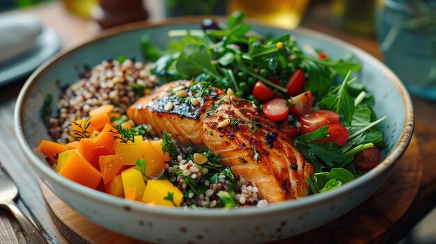 Grilled Salmon Salad with Quinoa Mango and Cherry Tomatoes