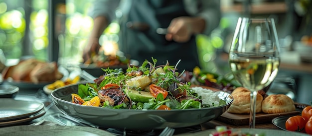 Photo grilled salmon salad with white wine