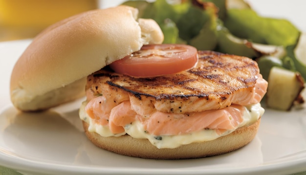 A grilled salmon sandwich on a white plate