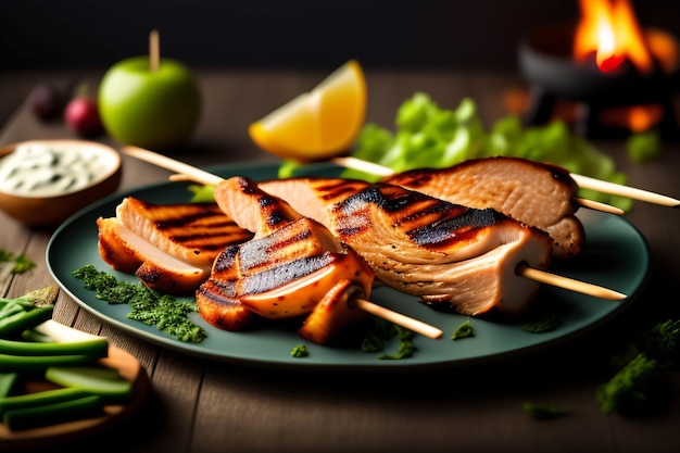 Grilled salmon skewers on a plate with lemons and green vegetables