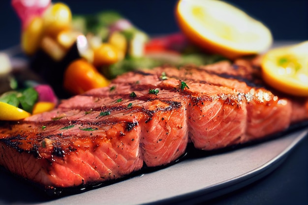 Grilled salmon steak on plate closeup