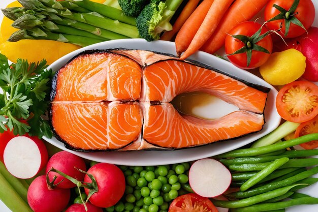 Photo grilled salmon steak surrounded by fresh vegetables on a plate