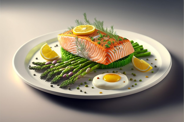 Grilled salmon with asparagus in white plate on white background