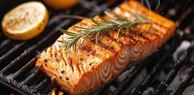 Grilled salmon with lemon and rosemary The concept of cooking and healthy eating