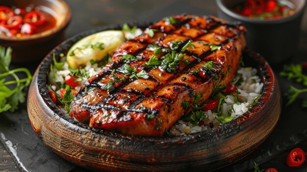 Grilled Salmon with Rice and Chili Sauce