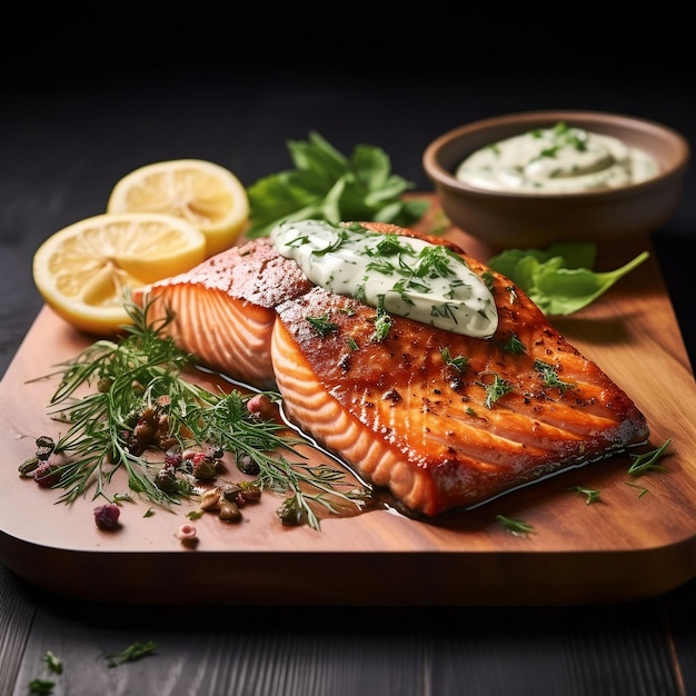 Grilled salmon with sauce and herbs on a wooden board horizontal