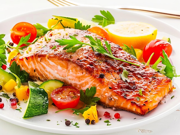 Grilled salmon with vegetables and lemon