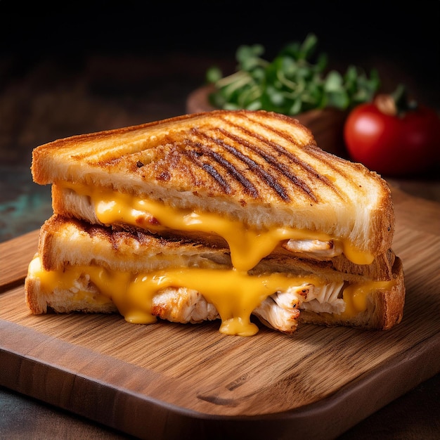 a grilled sandwich with cheese and a tomato on the top