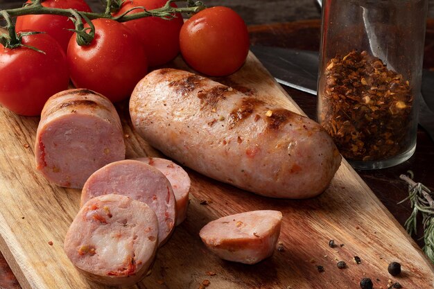 Grilled sausage on cutting board