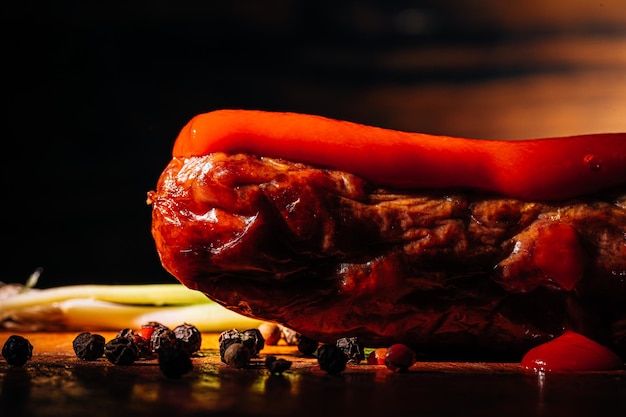 Grilled sausage on a dark background on a wooden surface with spices and sauce