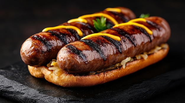 Grilled sausage on a toasted bun garnished with mustard Perfect for barbecues or casual dining showcasing delicious flavors