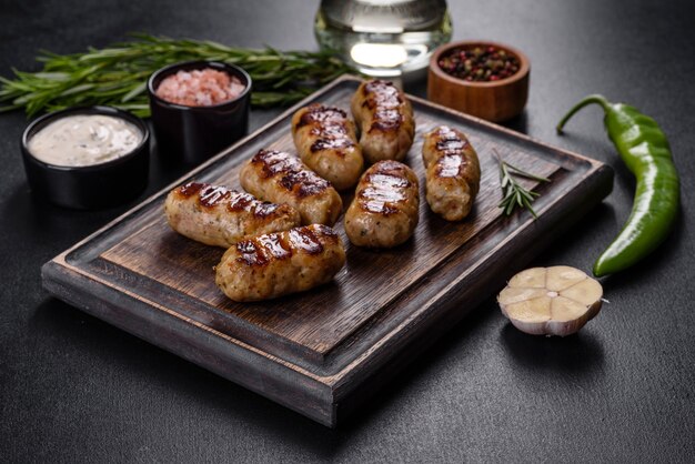 Grilled sausage with the addition of herbs and vegetables on the dark background