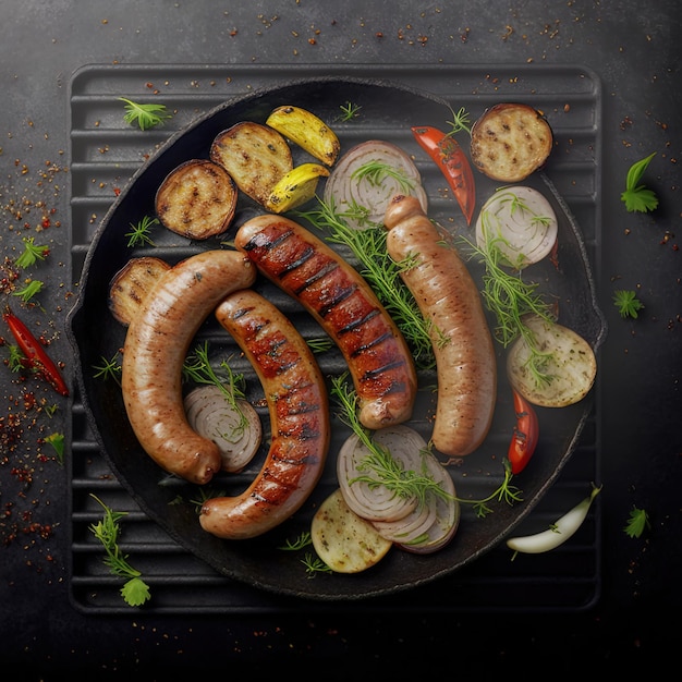 Grilled sausage with the addition of herbs and vegetables on the grill plate