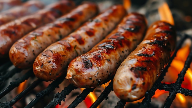 Grilled sausages on a barbecue grill Closeup