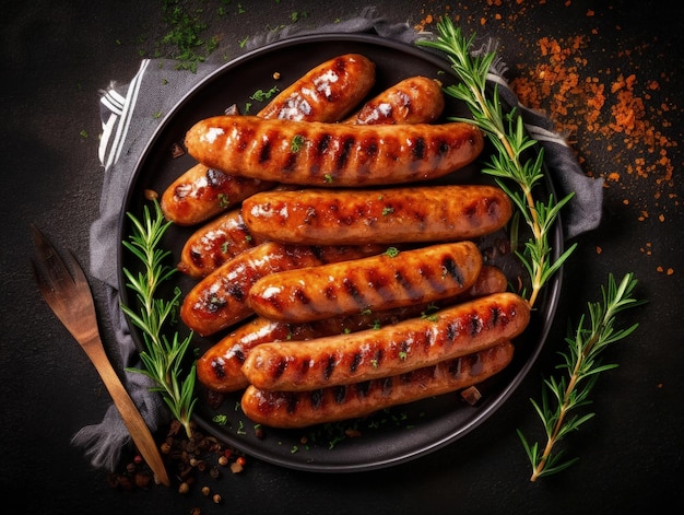 Grilled sausages on dark background