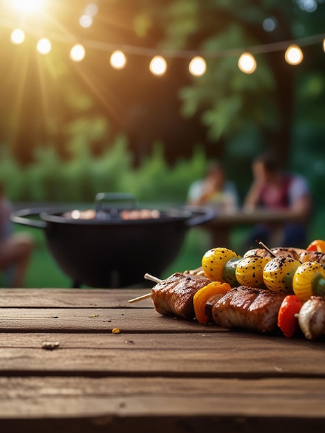 grilled sausages and grilled vegetables on a picnic table