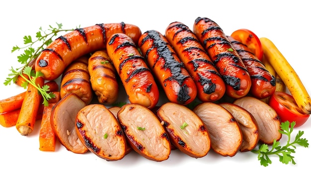 Photo grilled sausages meat and vegetables isolated with white highlights