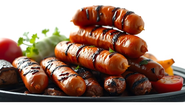 Photo grilled sausages meat and vegetables isolated with white highlights