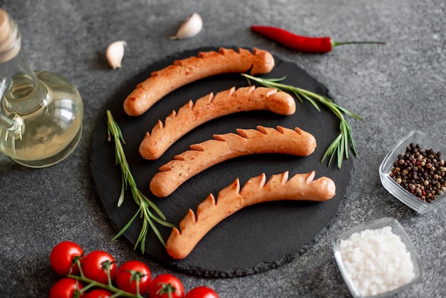 grilled sausages on stone background