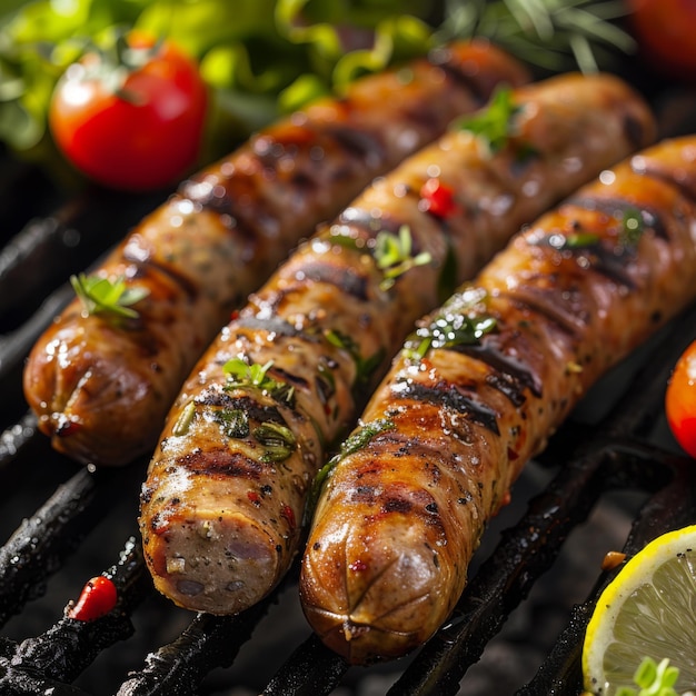 Grilled Sausages with Herbs and Lemon on a Barbecue Grill