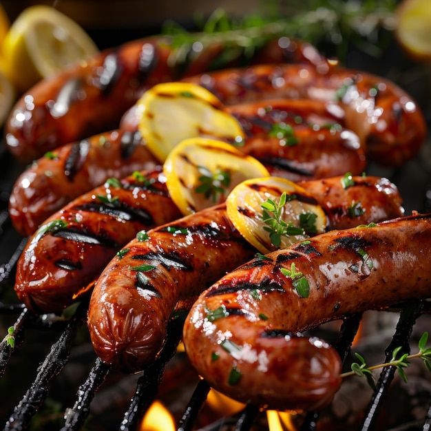 Grilled Sausages with Lemon Slices and Herbs on a Barbecue Grill