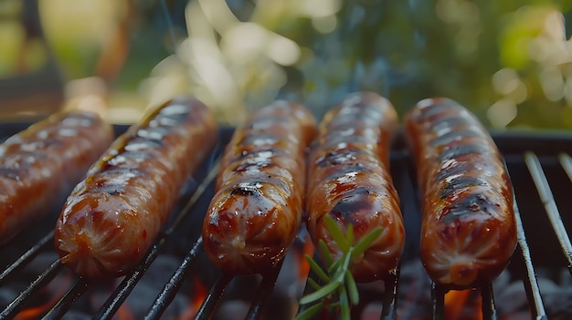 Photo grilled sausages with rosemary on bbq grill