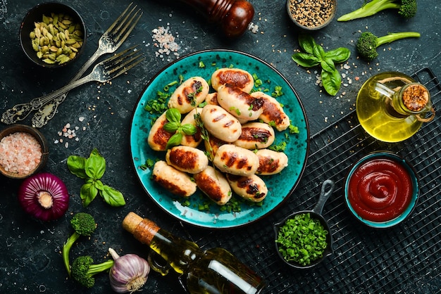 Grilled sausages with rosemary and spices on a plate Barbecue Meat menu Top view On a stone background