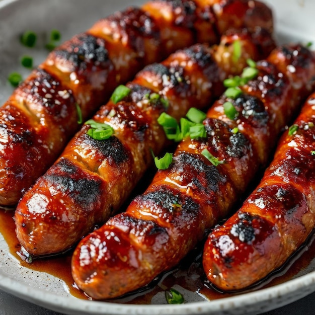 Grilled sausages with sauce and herbs on a white plate AI generated