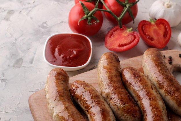 Grilled sausages with a variety of vegetables tomatoes and garlic, red sauce and spices on a light background.