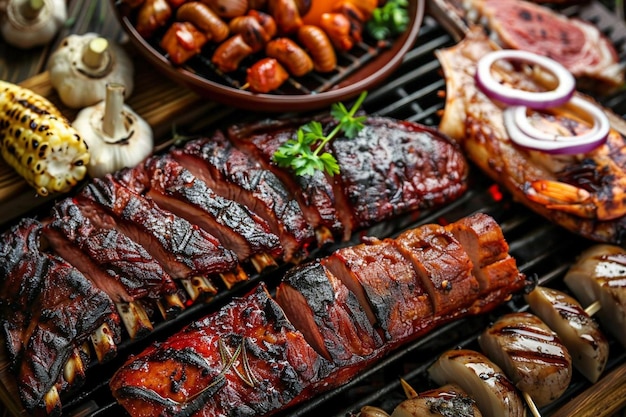 Grilled seafood and meat on a plate generated