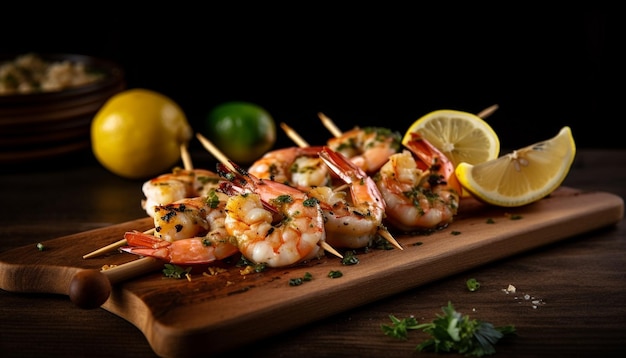 Grilled seafood skewers fresh lemon garnish gourmet meal generated by AI