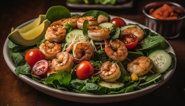 Grilled seafood and vegetables on wooden skewers generated by AI