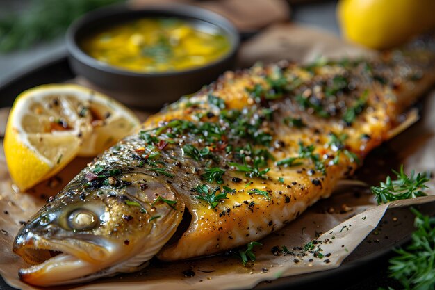 Photo grilled seasoned whole fish with lemon herbs and sauce on rustic platter