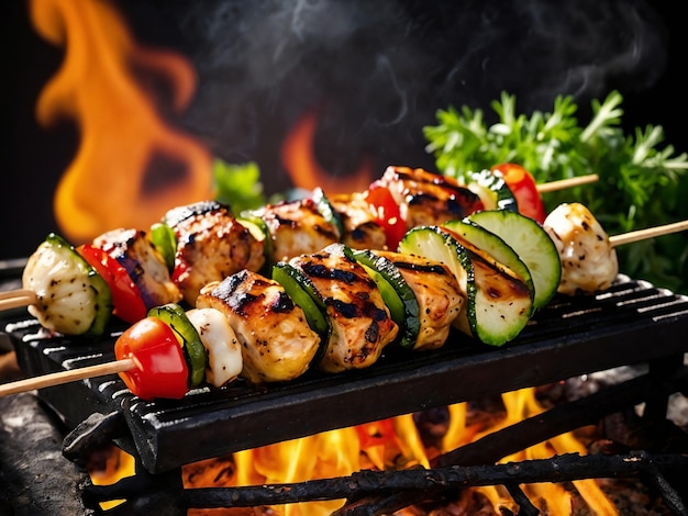 grilled shaslik skewers on a cooking grate with reflections on a black ground