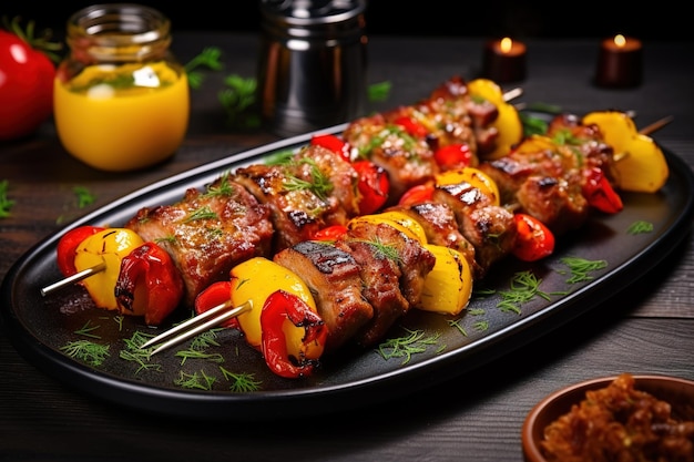 Grilled shish kebab or shashlik with vegetables on dark stone plate